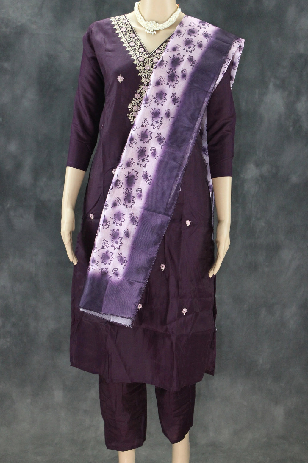 Roman Silk Wine Embroidered 3-Piece Kurta Set with Printed Digital Dupatta and Sequin Zari Handwork Kurti JCS Fashions Wine Small (36)