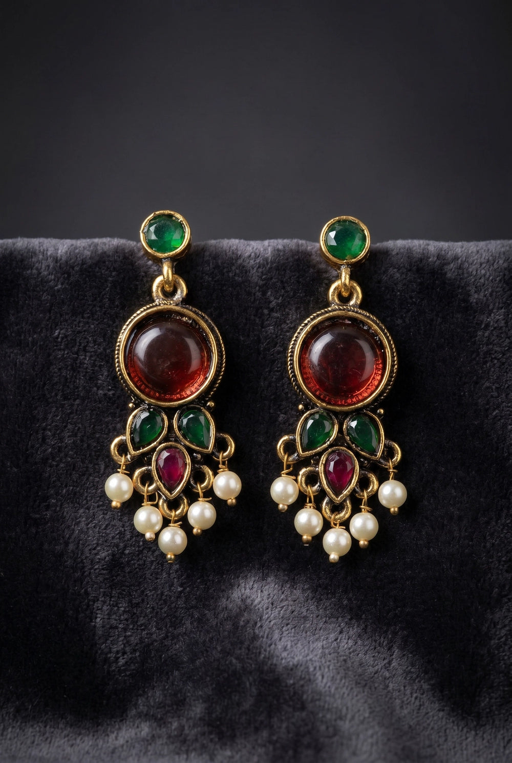 Maroon & Red Stone Drop Pearl Bead Earrings, Gold-Tone Antique Finish, Traditional Chandelier Style for Women - Maroon&Red