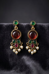 Maroon & Red Stone Drop Pearl Bead Earrings, Gold-Tone Antique Finish, Traditional Chandelier Style for Women - Maroon&Red