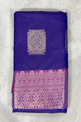 Navy Blue Korvai Soft Silk Saree with Delicate Gold Zari Buttas and Floral Border, Traditional Temple Look - Navy Blue