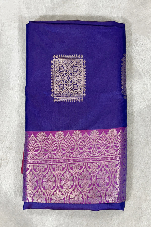 Navy Blue Korvai Soft Silk Saree with Delicate Gold Zari Buttas and Floral Border, Traditional Temple Look - Navy Blue