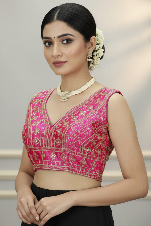 Pink Sleeveless Padded Designer Blouse with Gold Thread Embroidery and Sequin Work, Back Tie Knot