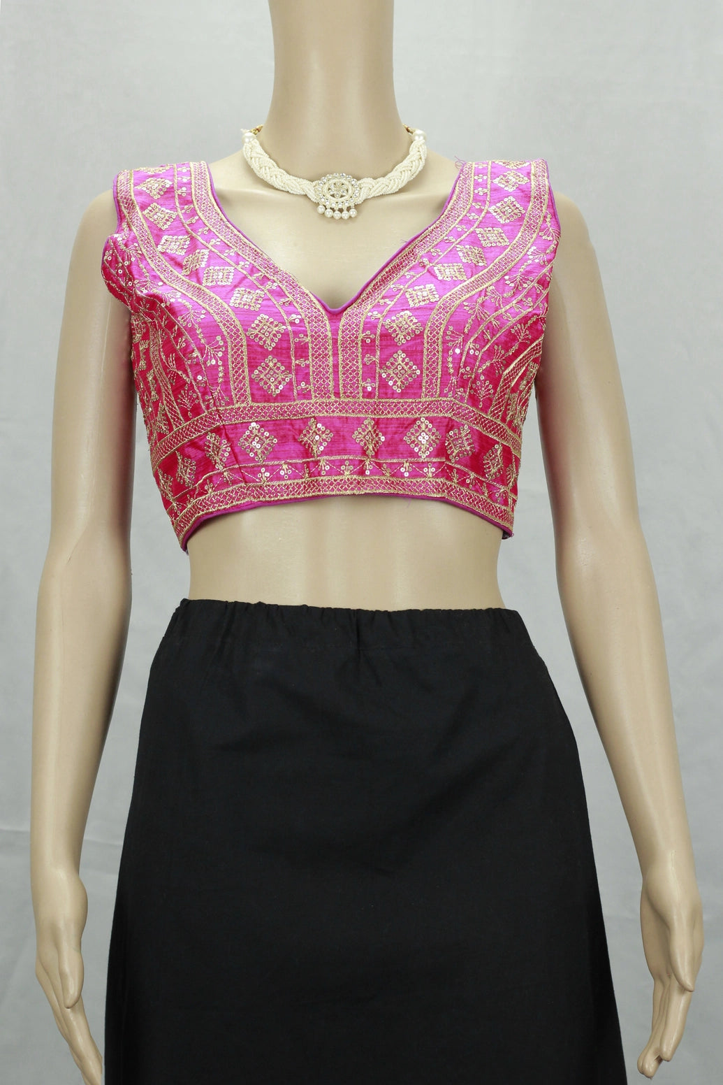 Pink Readymade Designer Padded Blouse, Heavy Gold Thread Embroidery & Sequin Work, Sleeveless with Back Knot - Pink
