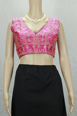 Pink Readymade Designer Padded Blouse, Heavy Gold Thread Embroidery & Sequin Work, Sleeveless with Back Knot - Pink
