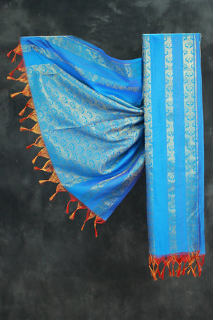 Blue Ponnadai Poly Silk Jacquard Temple Shawl with Zari Pattern & Tassels | Traditional 2m Function Dupatta
