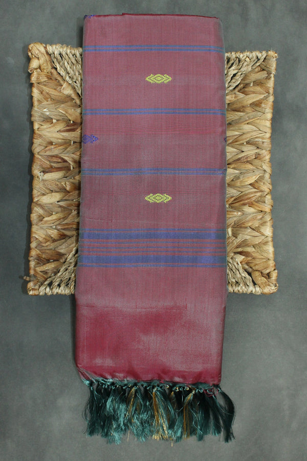 Teal and Maroon Vaazhai Naar Saree with Zari Border and Small Buttas - Teal