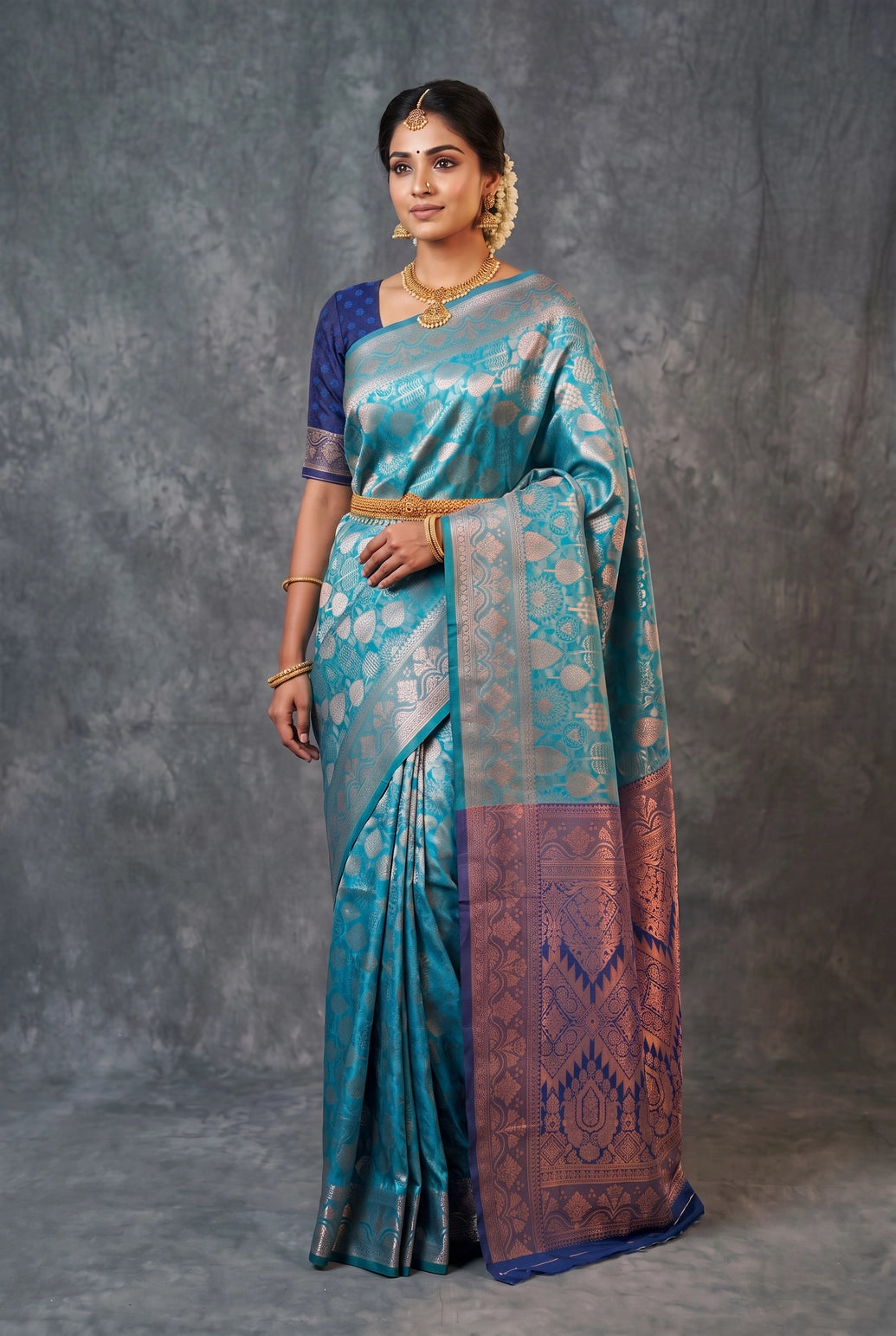 Teal Soft Silk Floral Designer Saree with Blouse, Woven Floral Motifs and Contrast Border - Teal