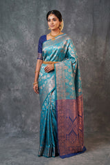 Teal Soft Silk Floral Designer Saree with Blouse, Woven Floral Motifs and Contrast Border - Teal