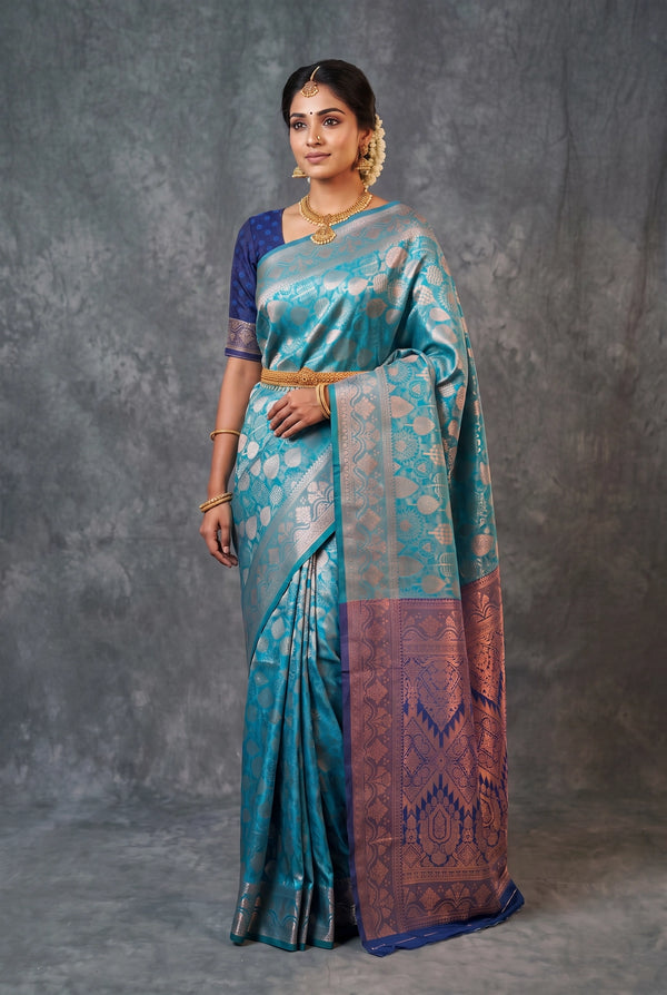 Teal Soft Silk Floral Designer Saree with Blouse, Woven Floral Motifs and Contrast Border - Teal