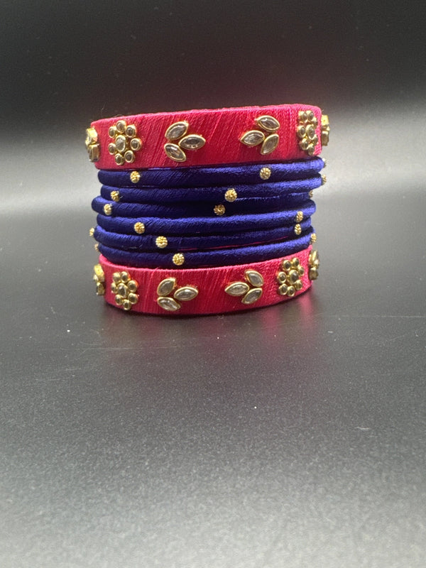 Silk Thread Kundan-Style Bangle Set - Pink & Royal Blue Silk-Wrapped Bangles (8 pcs, Size 2.4) Jewelry JCS Fashions