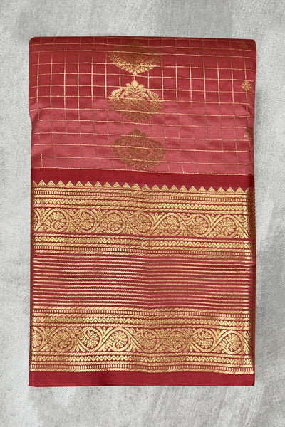 Peach Pure Silk Saree with Heavy Pallu and Gold Border, Silk Mark Certificate, with Blouse Piece - Peach