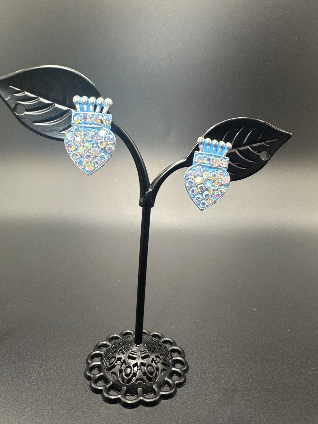 Crown Heart Rhinestone Stud Earrings – Pink, Blue & Brown, 0.75"