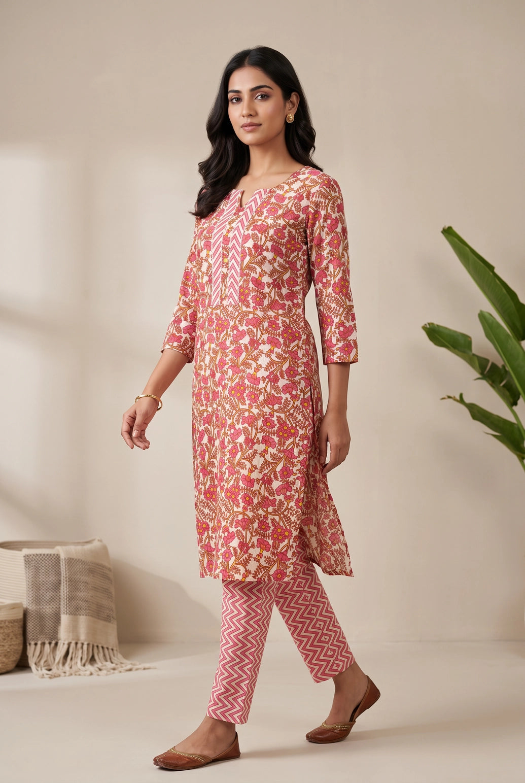 Light Pink Cotton Floral Kurti Set with Printed Pant, Chevron Panels, Lace Trims and Decorative Buttons - Light Pink