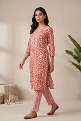Light Pink Cotton Floral Kurti Set with Printed Pant, Chevron Panels, Lace Trims and Decorative Buttons - Light Pink