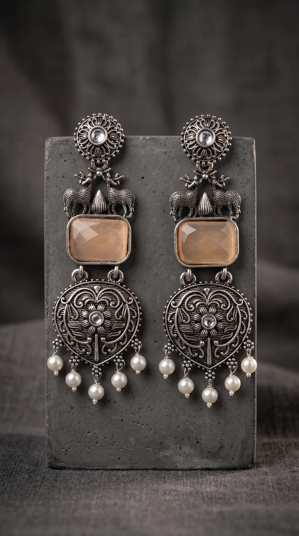 Cream Stone & Silver-Tone Textured Triangular Drop Earrings with Pearl Beads for Festive Party Wear - Cream