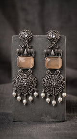 Cream Stone & Silver-Tone Textured Triangular Drop Earrings with Pearl Beads for Festive Party Wear - Cream