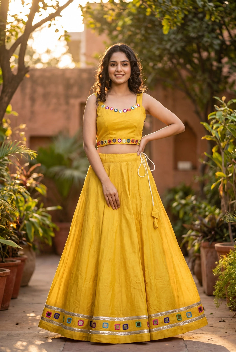 Yellow Navratri Designer Chaniya Choli with Mirror Work Choli and Plain Flared Skirt - Yellow