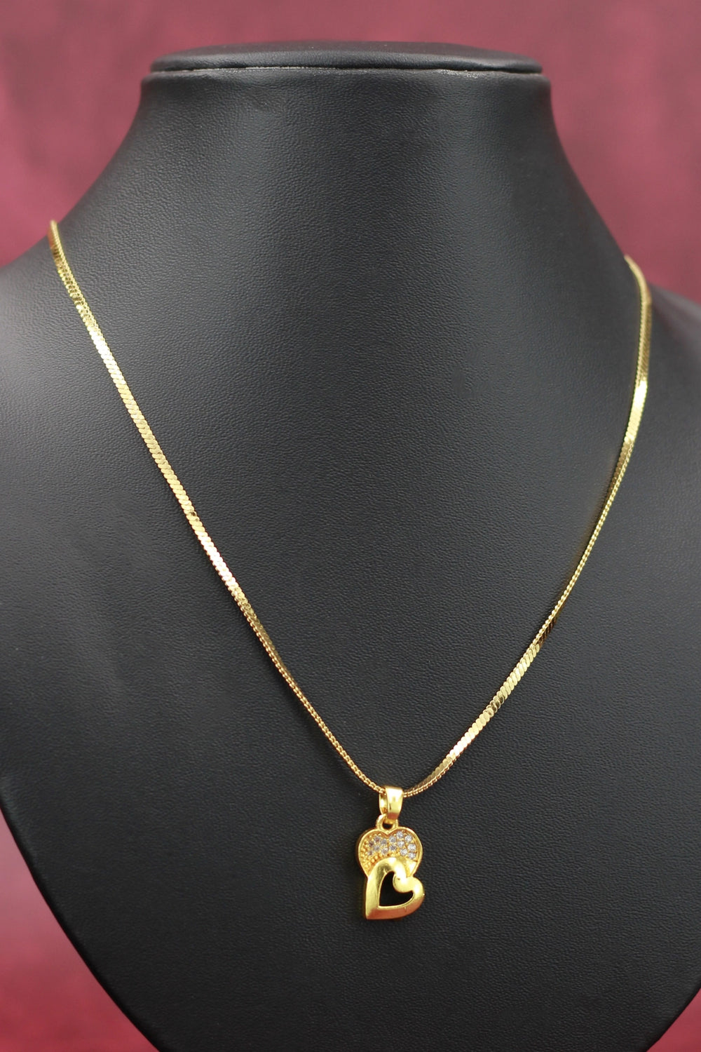 Gold-Tone Textured Chain Necklace with Double Heart Pendant for Women, Pendant Necklace - Gold