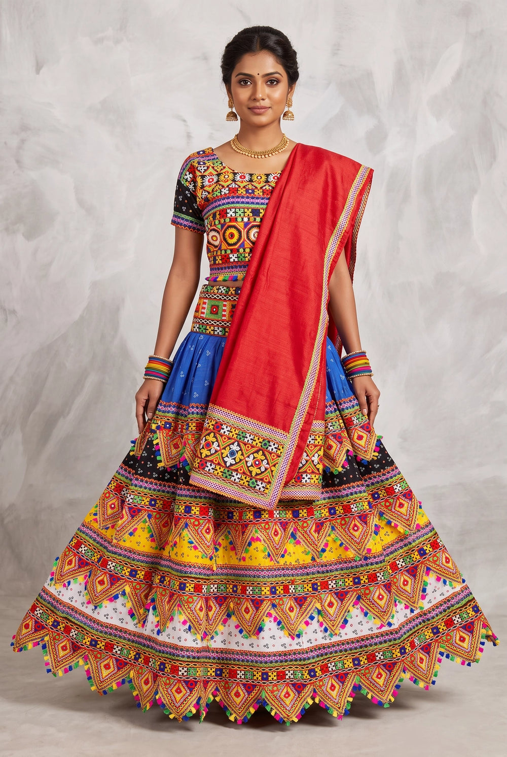 Designer Navratri Chaniya Choli with Kutchi Mirror Work & Bandhani Lehenga, Multi Color Red Party Wear Set - Multi Color & Red