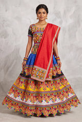 Designer Navratri Chaniya Choli with Kutchi Mirror Work & Bandhani Lehenga, Multi Color Red Party Wear Set - Multi Color & Red