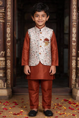 Boys Rust Orange Koti Kurta Set (3-Piece) with Printed Nehru Koti and Geometric Floral Motifs - Rust Orange