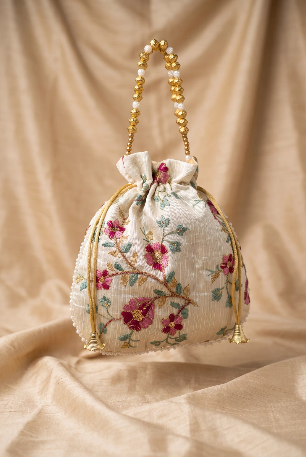 Cream Floral Embroidered Ethnic Potli Pouch with Pearl Bead Trim and Drawstring for Wedding & Festive Gifting - Cream