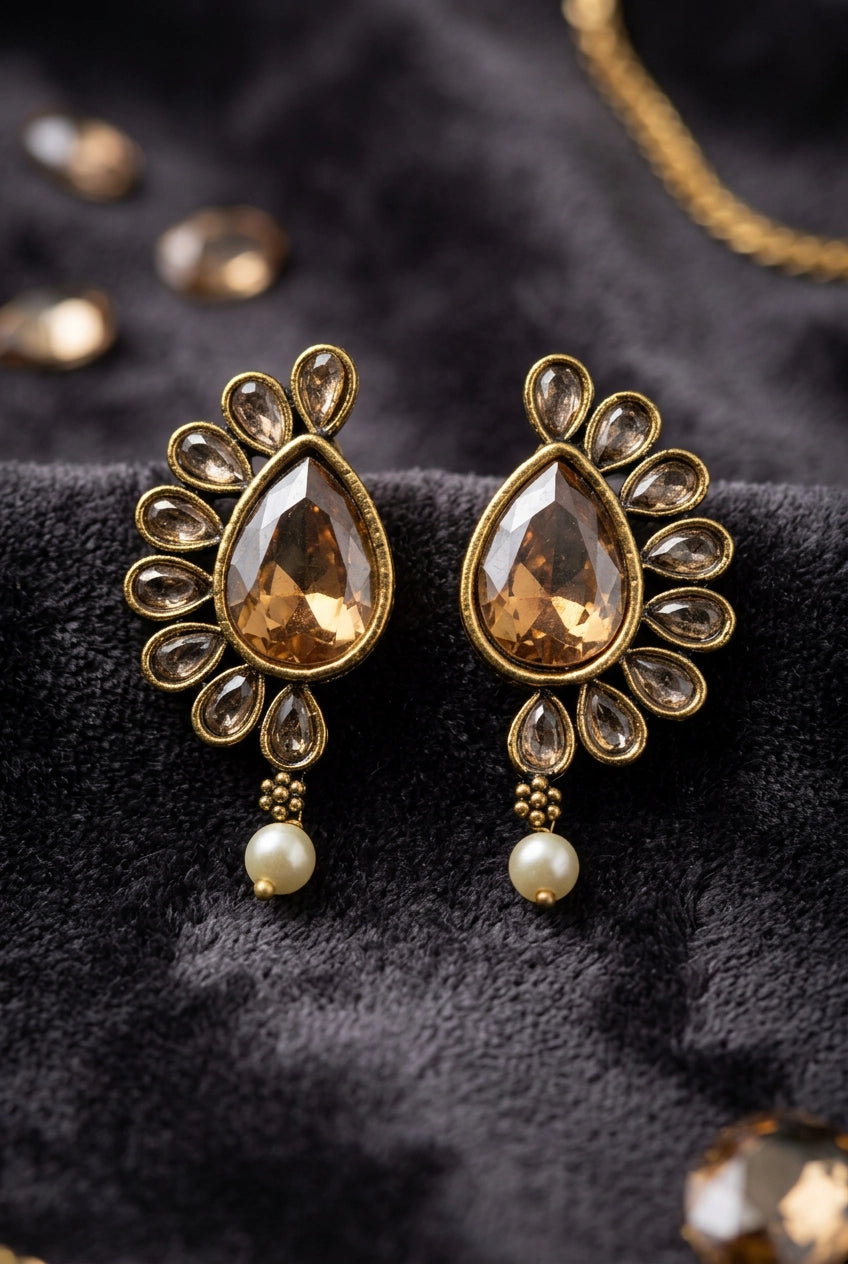 Gold-Tone Teardrop Statement Earrings with Pearl Drops, Antique Bead Detail, Amber-Citrine Center Stone for Festive Wear - Gold