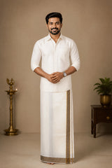 Men Off-White Cotton Dhoti with Woven Check Border and Gold-Tone Zari Lines (2m Single Veshti)