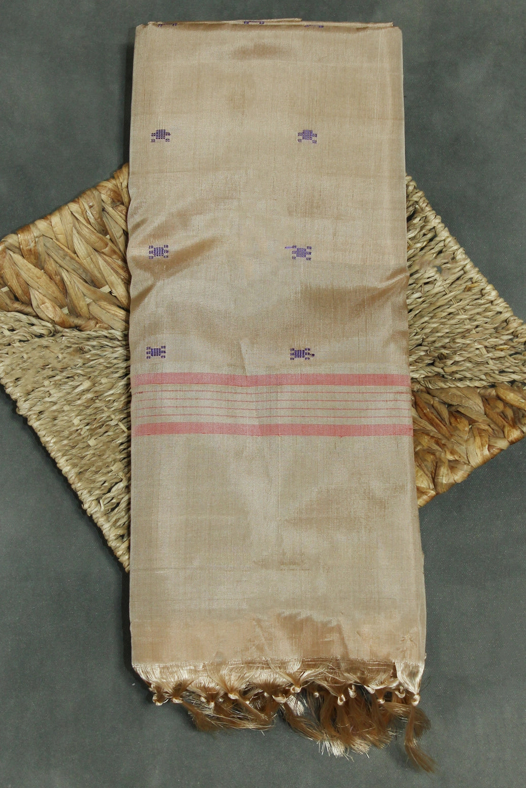 Light Brown Vaazhai Naar (Banana Pith) Saree with Small Purple Butta and Dark Contrast Pallu - Light Brown