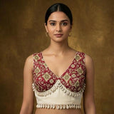 Designer Navratri Readymade Sleeveless Blouse with Kalamkari Floral Print & Cowrie Shell Border