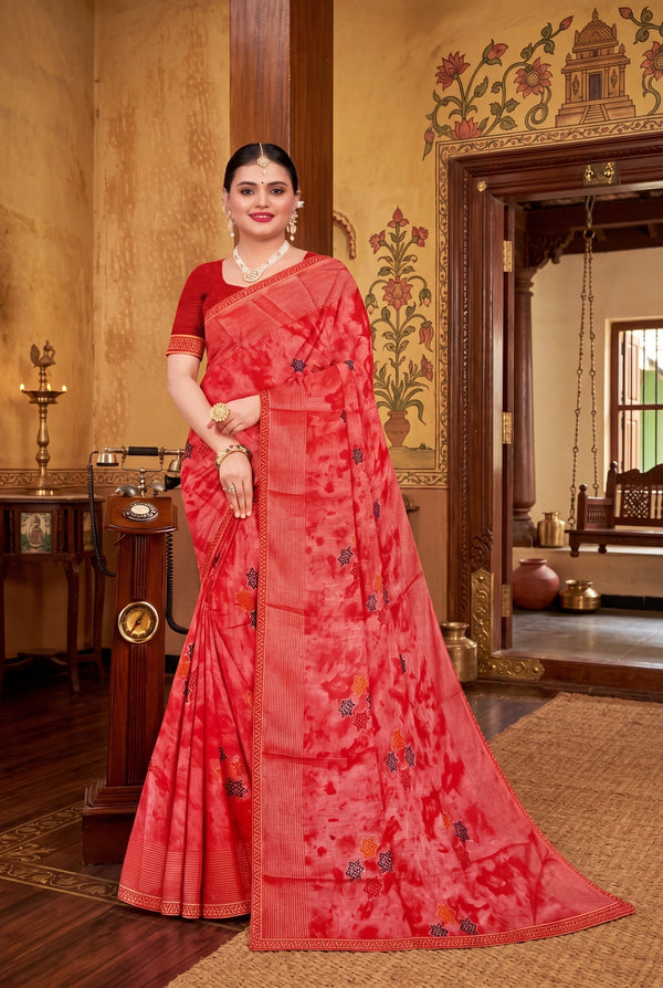 Pink Chiffon Fancy Saree with Tie-Dye Star Motifs and Shimmer Striped Border with Blouse - Pink