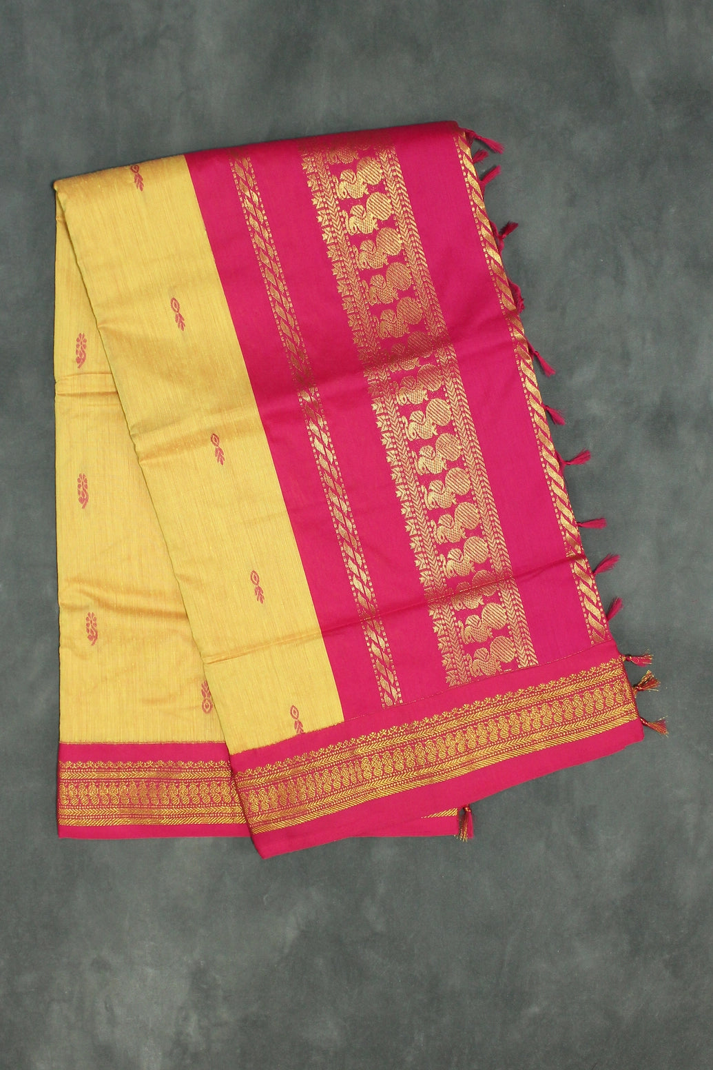 Yellow Silk Cotton Saree with Magenta Grand Pallu and Thick Gold Zari Border Saree JCS Fashions Yellow 5.5 meters