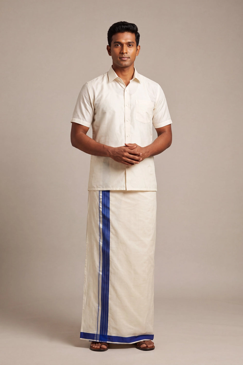 Men’s Traditional Off-White Cotton Dhoti with 1.5 Inch Thread Border for Wedding, Temple & Festival Wear