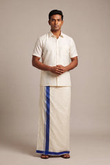 Men’s Traditional Off-White Cotton Dhoti with 1.5 Inch Thread Border for Wedding, Temple & Festival Wear