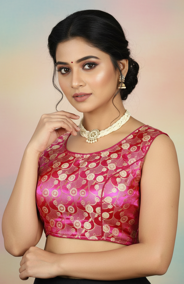 Pink Readymade Designer Padded Blouse with Zari Circular Motifs, Sleeveless, Back Knot, Fully Stitched