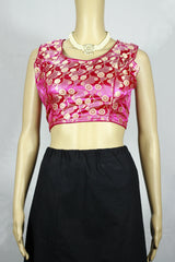 Pink Readymade Designer Padded Blouse with Zari Circular Motifs, Sleeveless, Back Knot, Fully Stitched - Pink