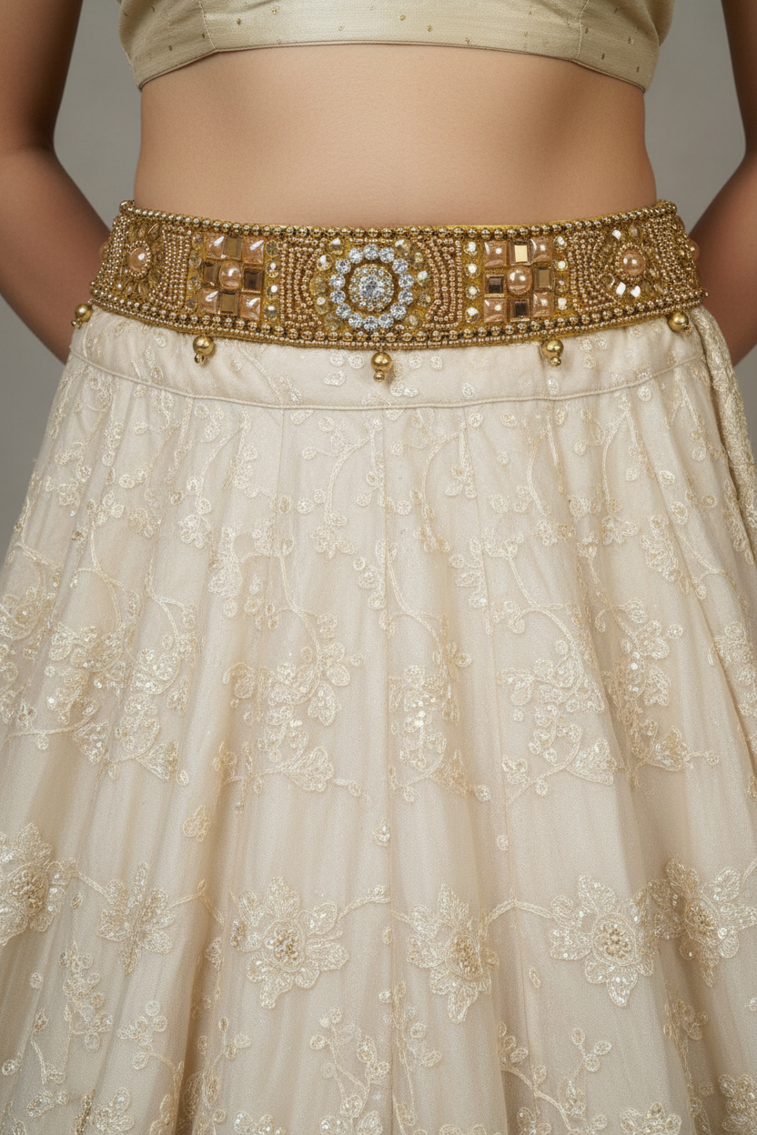 Gold-Tone Embellished Hip Belt with Mirror Accents and Bead Detailing for Sarees and Ethnic Wear
