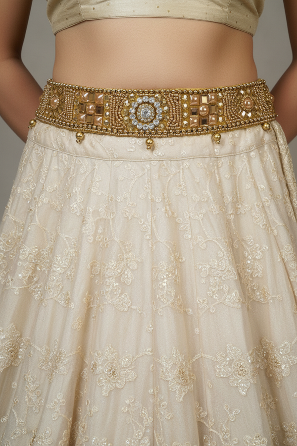 Gold-Tone Embellished Hip Belt with Mirror Accents and Bead Detailing for Sarees and Ethnic Wear
