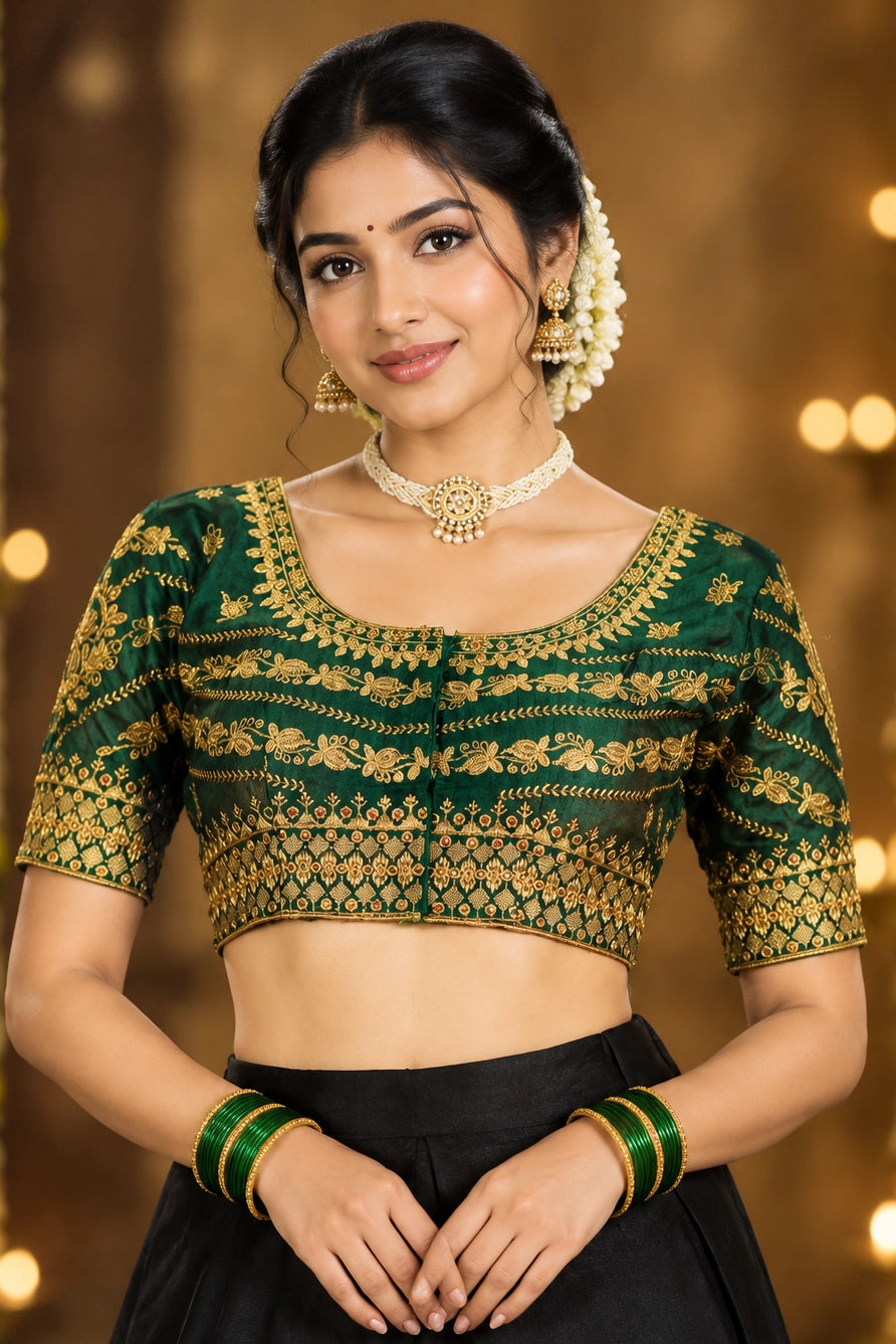 Green Zari Padded Designer Blouse with U-Neck and Floral Butta Work for Saree/Lehenga - Green