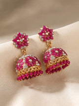 Red & Gold-Tone Floral Jhumka Earrings with Studs and Bead Drops, Traditional Ethnic Fashion Jewellery for Women - Red