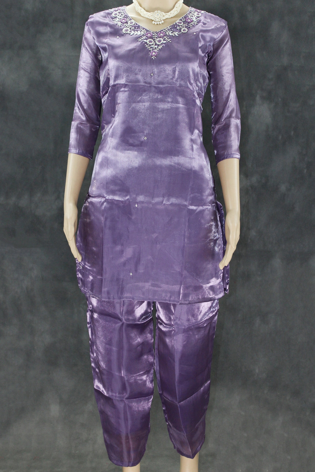 Purple Rayon Silk Embroidered Kurti Set - 2-Piece Top with Elastic Pant