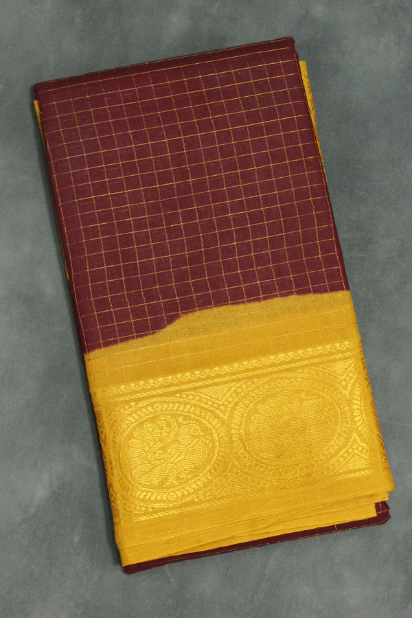 Pure Sungudi Cotton Checked Saree with Peacock Gold Zari Double Border - Brown Saree JCS Fashions Brown 5.5 meters