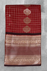 Maroon Pure Silk Saree with Heavy Pallu and Border and Contrast Gold Toned Weave - Maroon
