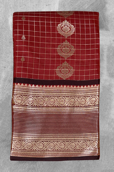 Maroon Pure Silk Saree with Heavy Pallu and Border and Contrast Gold Toned Weave - Maroon