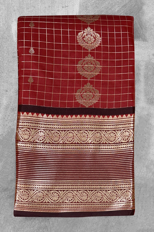 Maroon Pure Silk Saree with Heavy Pallu and Border and Contrast Gold Toned Weave - Maroon
