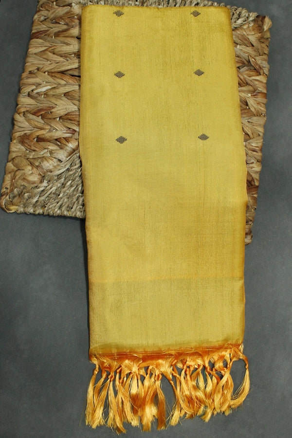 Saffron Yellow Vaazhai Naar (Banana Pith) Saree with Green Pallu and Small Butta - Borderless Traditional Saree - Saffron Yellow