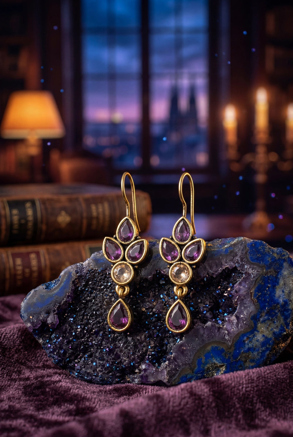 Purple Teardrop Stone Dangler Earrings with Gold-Tone Hook, Elegant Hanging Fashion Jewellery for Women - Purple