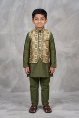Boys Mehendi Green Koti 3-Piece Kurta Set with Printed Sleeveless Koti and Matching Pants - Mehendi Green