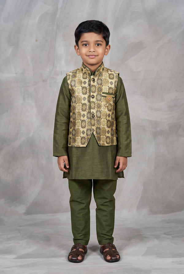 Boys Mehendi Green Koti 3-Piece Kurta Set with Printed Sleeveless Koti and Matching Pants - Mehendi Green