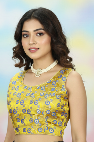 Yellow Designer Padded Blouse with Zari Finish, Circular Motifs, Sleeveless Back Knot, Readymade for Women